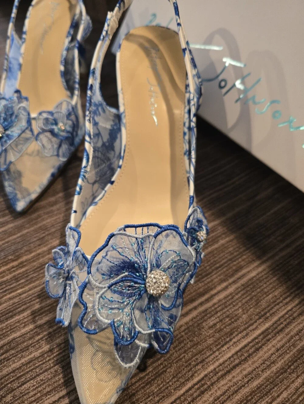 NWT Betsey Johnson Petra WHT/BLU FLORALEmbellished Slingback Heels, Size 9.5 - Picture 11 of 16